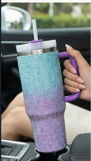 Katty Mao Rhinestone Encrusted Sparkle Tumbler with Straw Stanley, 1200 ml Leakproof Tumbler with Handle, Aesthetic Mug with Lid for Girls and Women (Aqua & Purple)