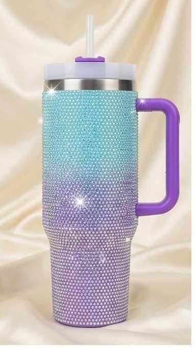 Katty Mao Rhinestone Encrusted Sparkle Tumbler with Straw Stanley, 1200 ml Leakproof Tumbler with Handle, Aesthetic Mug with Lid for Girls and Women (Aqua & Purple)