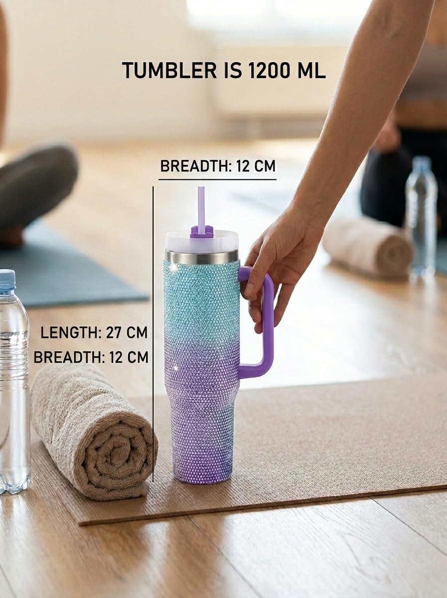 Katty Mao Rhinestone Encrusted Sparkle Tumbler with Straw Stanley, 1200 ml Leakproof Tumbler with Handle, Aesthetic Mug with Lid for Girls and Women (Aqua & Purple)