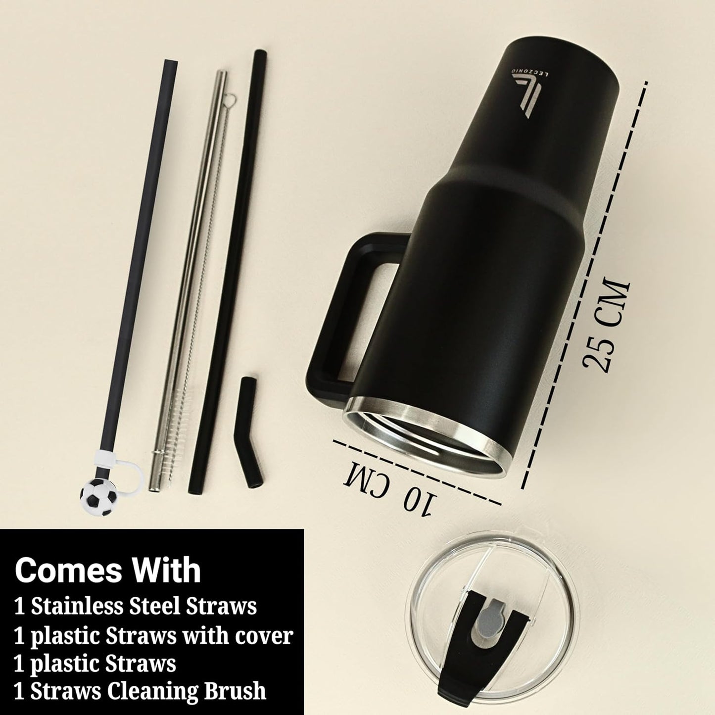 Leczonio Tumbler with lid and Straw | 1ps Water Sipper for Adults Insulated Cup Reusable Stainless Steel Water Bottle Travel Mug Cupholder Friendly Gifts for Women Men(Black Stone,1200 ML, Single ps)