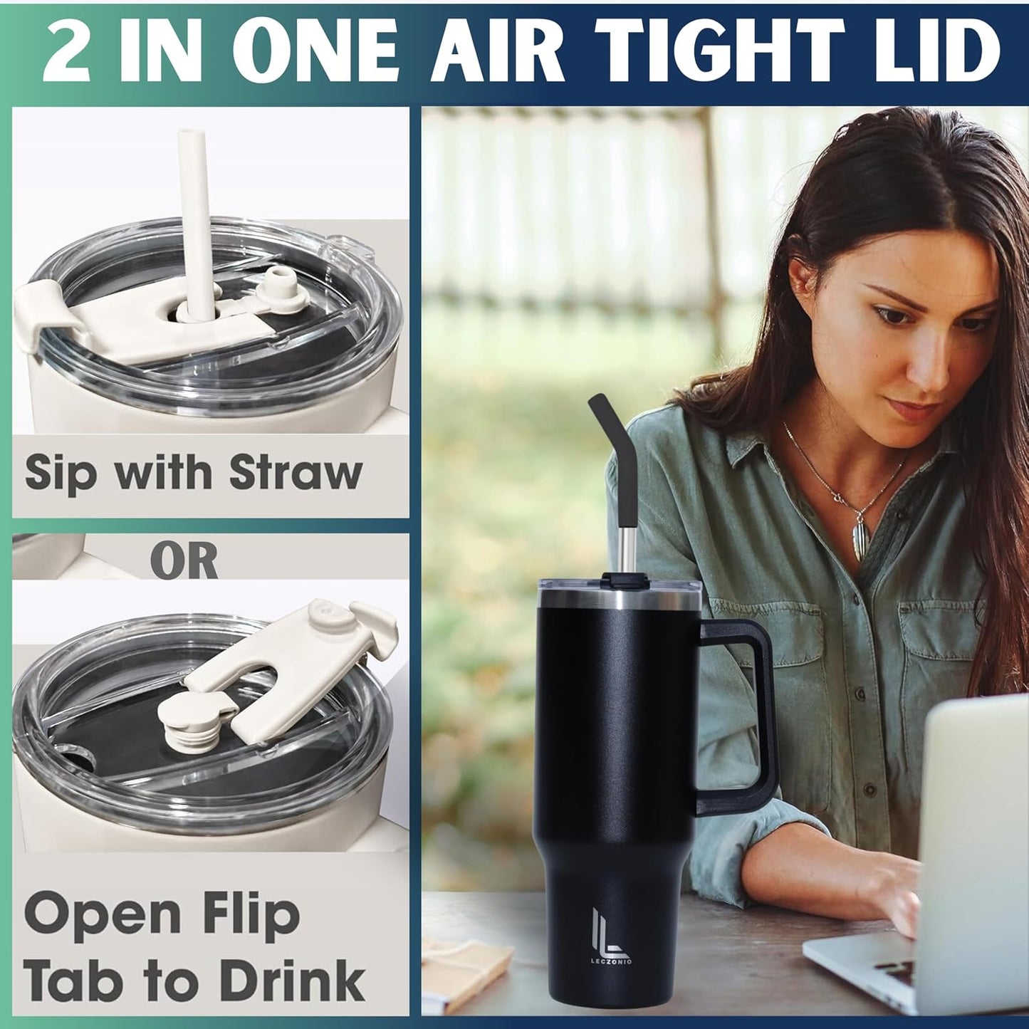 Leczonio Tumbler with lid and Straw | 1ps Water Sipper for Adults Insulated Cup Reusable Stainless Steel Water Bottle Travel Mug Cupholder Friendly Gifts for Women Men(Black Stone,1200 ML, Single ps)