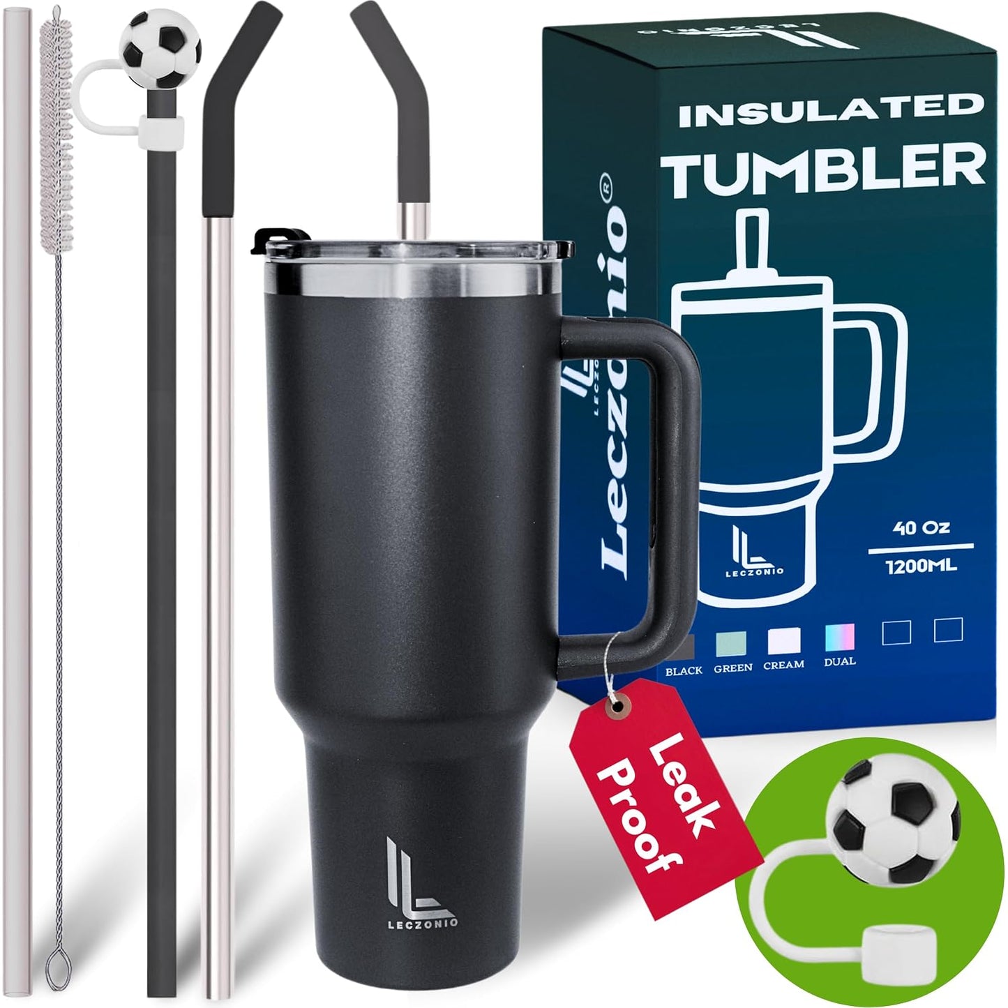 Leczonio Tumbler with lid and Straw | 1ps Water Sipper for Adults Insulated Cup Reusable Stainless Steel Water Bottle Travel Mug Cupholder Friendly Gifts for Women Men(Black Stone,1200 ML, Single ps)