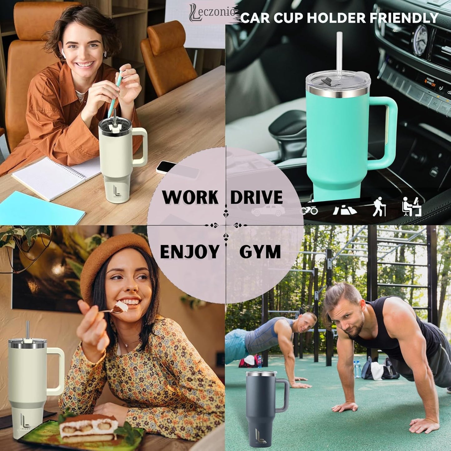 Leczonio Tumbler with lid and Straw | 1ps Water Sipper for Adults Insulated Cup Reusable Stainless Steel Water Bottle Travel Mug Cupholder Friendly Gifts for Women Men(Black Stone,1200 ML, Single ps)