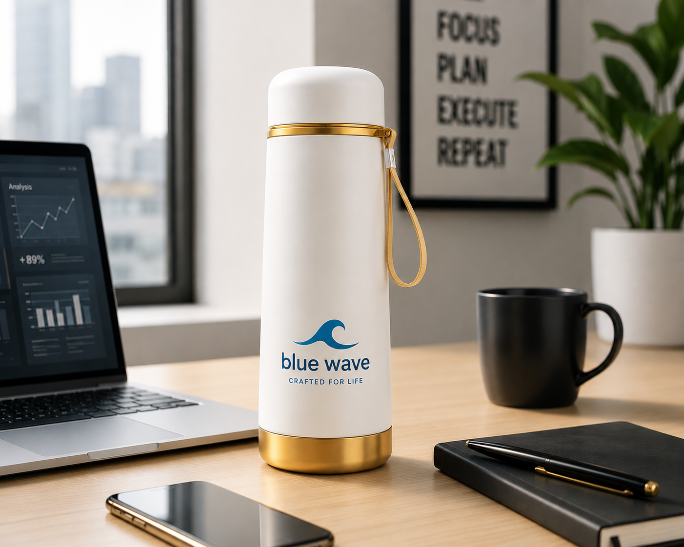 Premium 900ml Vacuum Insulated Stainless Steel Thermos Bottle with Handle – White & Gold