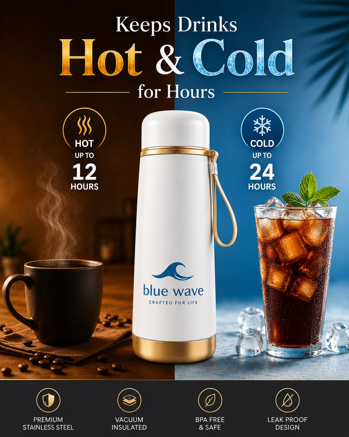 Premium 900ml Vacuum Insulated Stainless Steel Thermos Bottle with Handle – White & Gold
