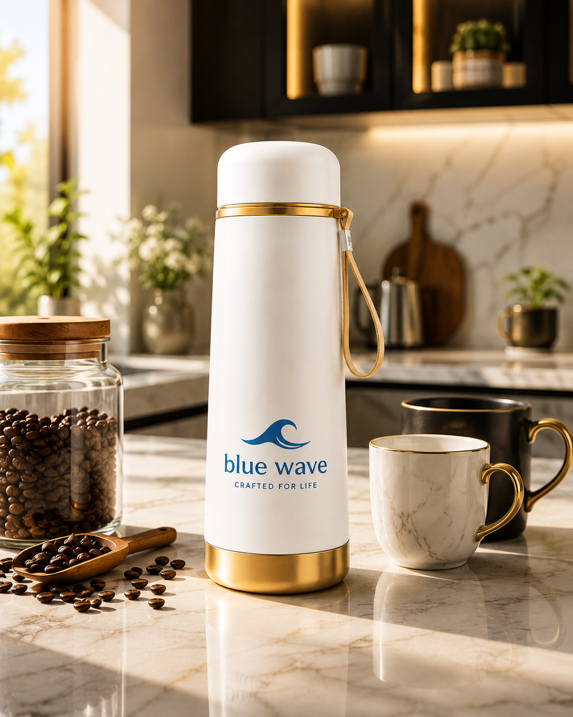 Premium 900ml Vacuum Insulated Stainless Steel Thermos Bottle with Handle – White & Gold