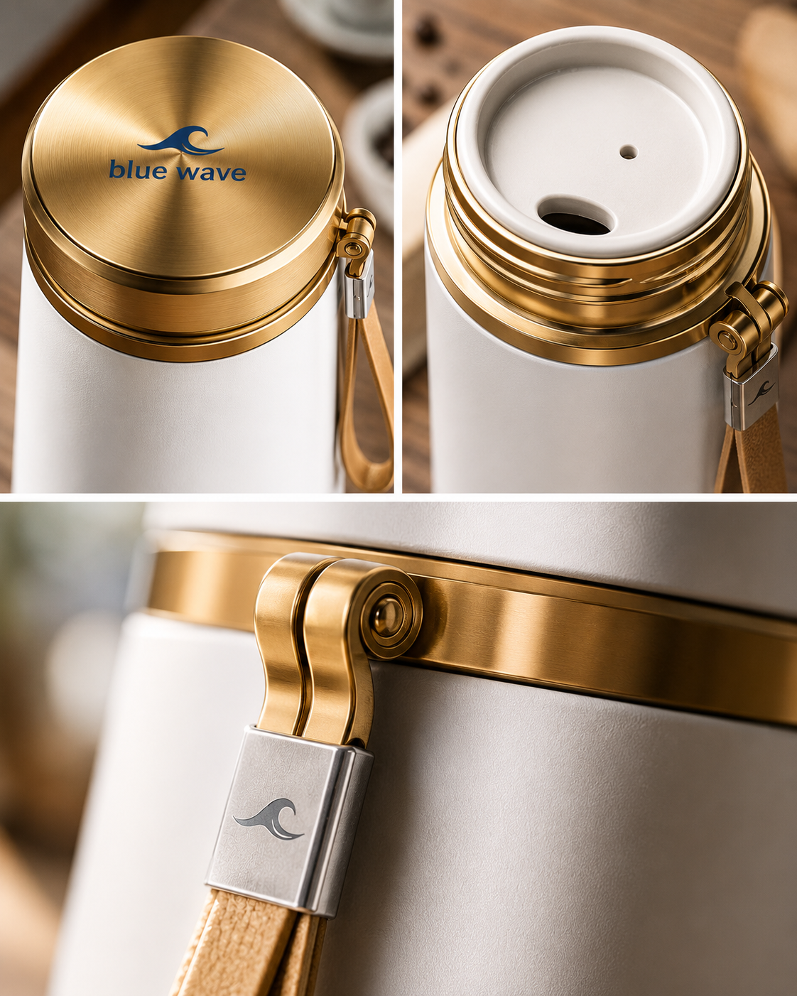Premium 900ml Vacuum Insulated Stainless Steel Thermos Bottle with Handle – White & Gold