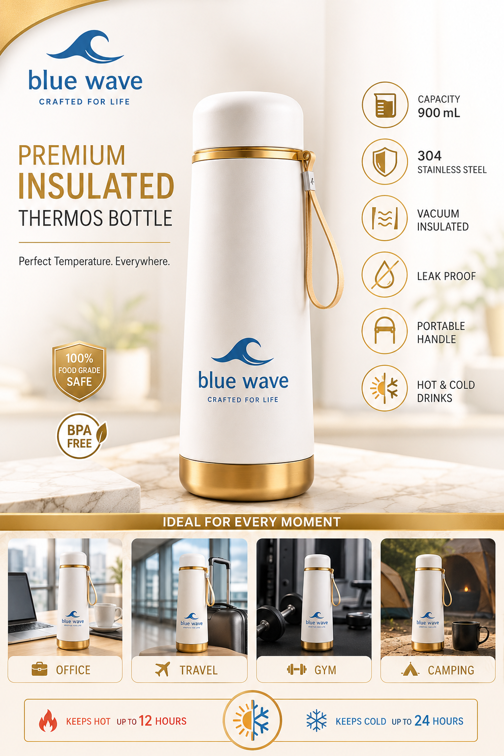 Premium 900ml Vacuum Insulated Stainless Steel Thermos Bottle with Handle – White & Gold